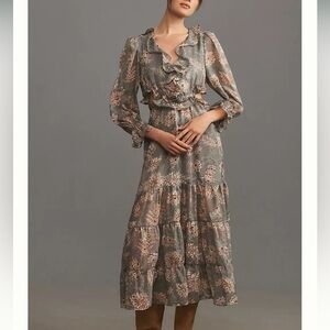 Anthropologie Floral Ruffle Midi Dress - Gray